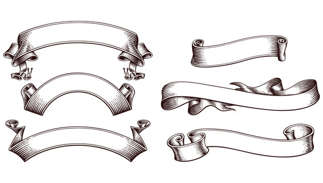 Vintage ribbon banners set. Hand drawn engraving style scroll labels for design.