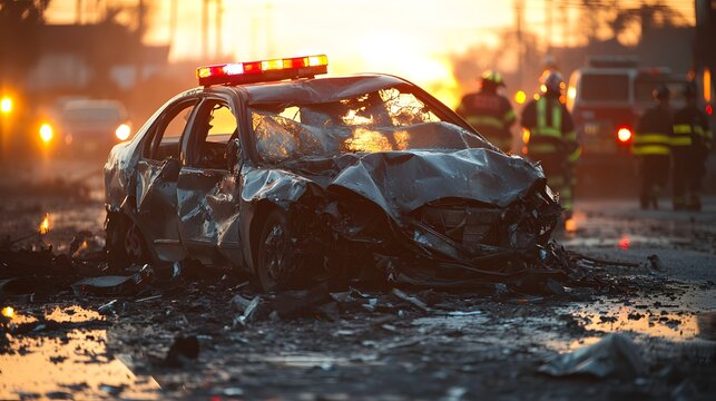 Damaged car after collision with shattered glass and twisted metal emergency responders at scene golden hour lighting dramatic crash aftermath traffic accident safety awareness vehicle wreckage urban.