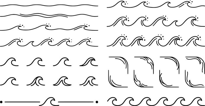 Set of wave patterns and ocean themed decorative borders transparent background