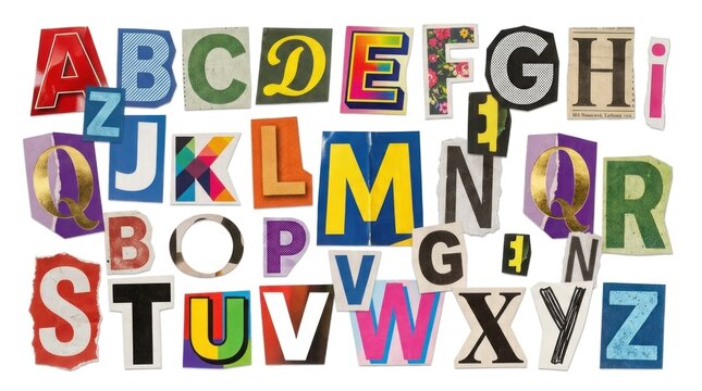 A colorful collage of cut-out letters and words, arranged in a random pattern, with a white background and a few scattered objects.