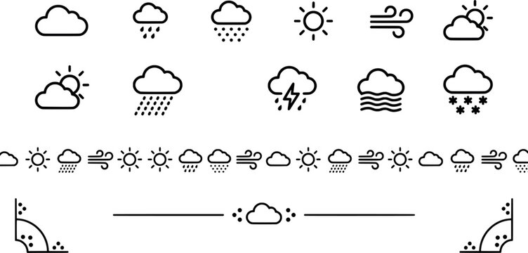 Set of weather icons and climate related decorative elements transparent background