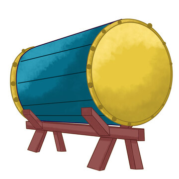 Traditional indonesian bedug drum with a blue wooden body, gold round top, and sturdy brown stand. Ideal for cultural music design projects.