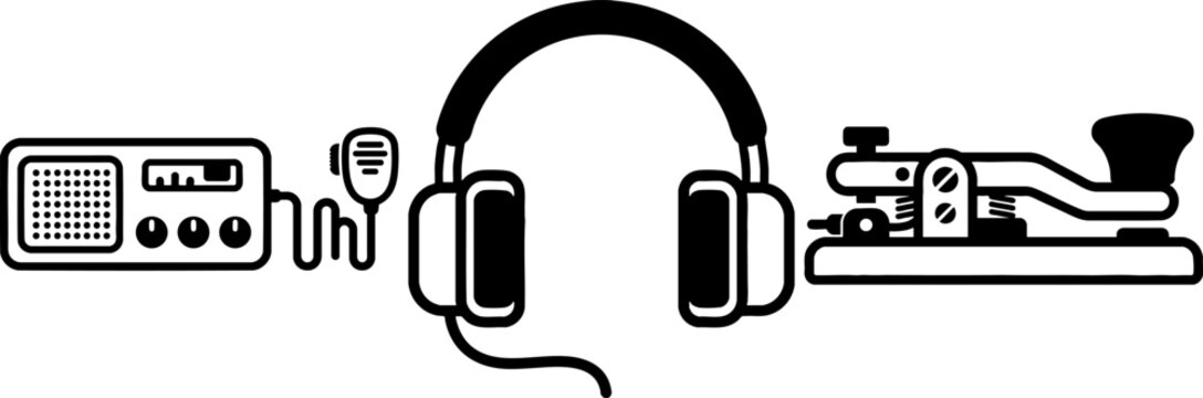 Ham radio communication gear icons with headphones and telegraph key