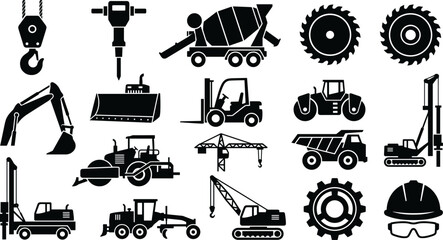 Construction and heavy machinery black silhouette icon set featuring excavator forklift road roller dumper truck and crane symbols © Utpal