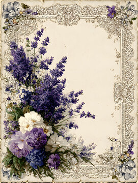 Vintage Floral Lace Frame Background with Lavender Bouquet and Purple Peony Flowers
