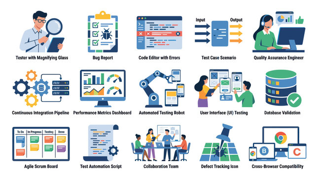 Flat Design Vector Icons Set for Software Testing, Quality Assurance, and IT Development Processes