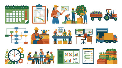 Naklejka premium Flat Design Agricultural Business Icons: Farming, Logistics, and Management