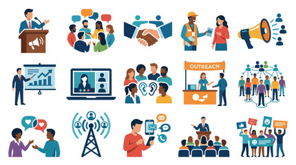 Fototapeta premium Communication and Public Relations Flat Vector Icons Set - Business, Marketing, Networking Concepts
