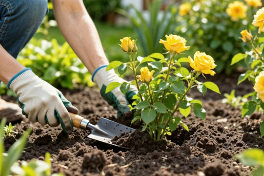 Hands wear gloves, tending to green plant and flowers. Outdoor home horticulture work in spring