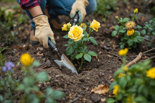 Person planting yellow rose bush in garden soil using trowel. Hands wear gloves, tending to green plant and flowers