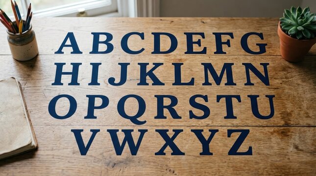 A wooden table with a blue lettering of the alphabet on it, a notebook, a plant, and a window in the background.