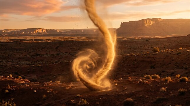 Swirling dust devil in a desert canyon landscape at sunset