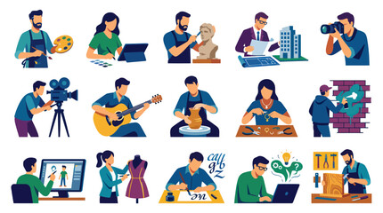 Fototapeta premium Collection of Flat Vector Illustrations Featuring People in Creative Professions and Various Hobbies