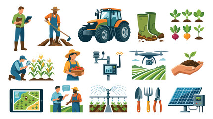 Fototapeta premium Smart Agriculture Technology Flat Vector Illustrations Set. Modern Farming, Agritech Concepts.