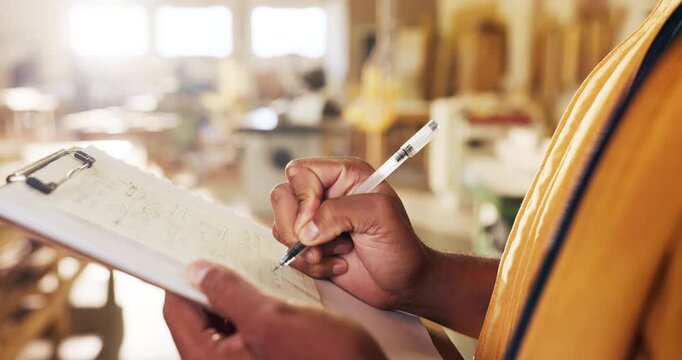 Planning, hands or writing on clipboard in carpentry for joinery notes, material list or pricing. Paperwork, carpenter or warehouse checklist for custom design, furniture quote or manufacturing trade