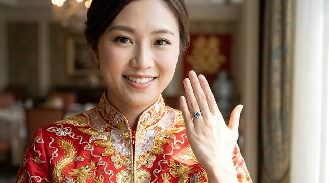 Beautiful asian bride showing her elegant blue diamond engagement ring