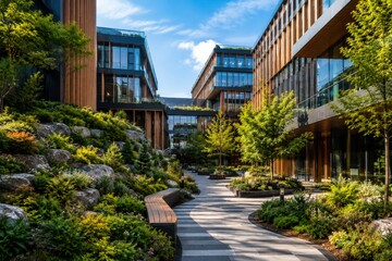 Fototapeta premium Biophilic business exterior with landscaped courtyard and modern offices