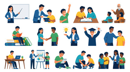 Fototapeta premium Flat Design Vector Illustration of Education and Learning Concepts with Diverse Students and Teachers