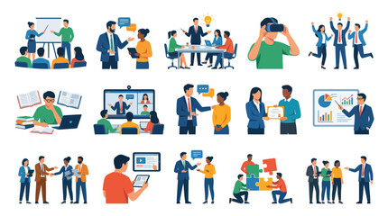 Fototapeta premium Flat Vector Illustrations: Business, Education, Technology, Learning, Collaboration Concepts Set