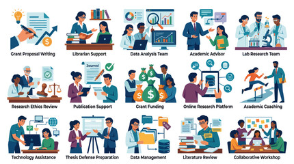 Fototapeta premium Academic Research and University Support Services Flat Vector Icons. Education, Science, Learning Resource Set.