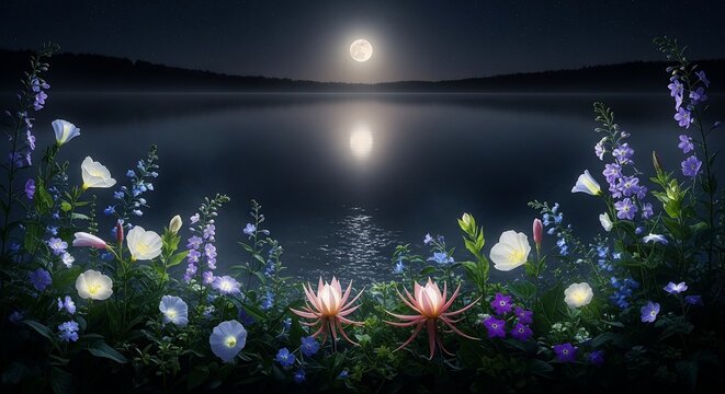 Night scene flowers lake
