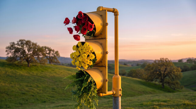 Traffic light filled with flowers. Floral signal lamp representing eco friendly urban life.
