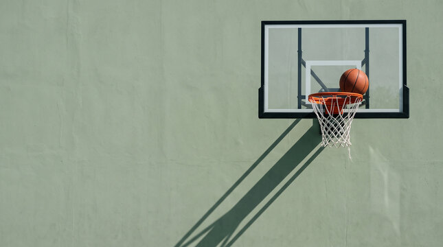 Basketball going through the hoop. Ball scoring a goal on an outdoor court wall.