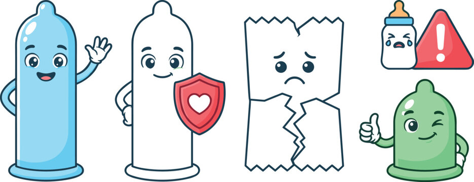 Condom Character Illustration Featuring Protection and Awareness Scenes in Vector Artwork
