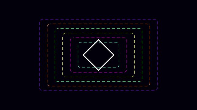 Neon rainbow dashed rectangles and diamond shape motion animation 4k background