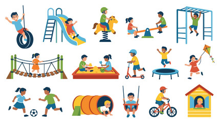 Fototapeta premium Happy Kids Playing Outdoor Playground Games and Recreation Flat Vector Illustration Set