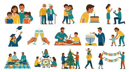 Fototapeta premium Flat Vector Illustration Set: Family Life Moments, Milestones, Holidays Celebrations Scenes