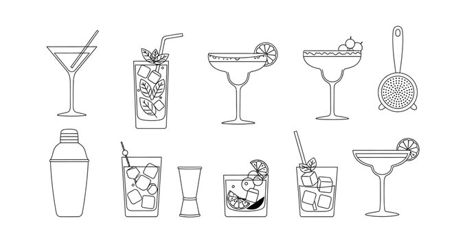Collection of alcoholic and non alcoholic drink illustrations and barware