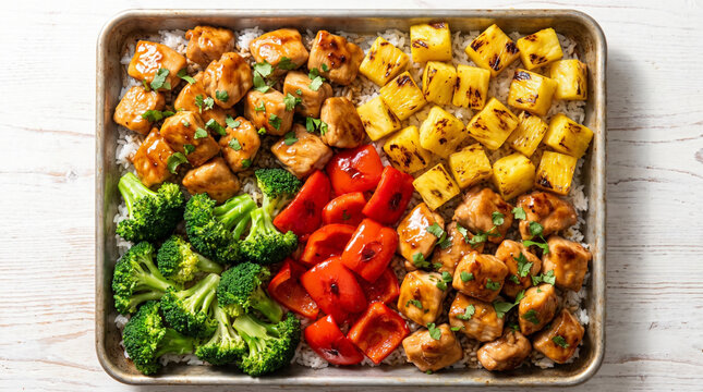 Sheet pan chicken stir fry with vegetables. Healthy roasted meal with pineapple and peppers.