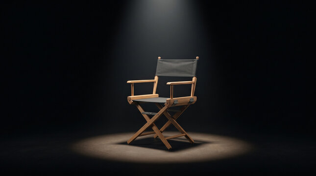 Empty director chair under spotlight. Film production seat isolated on black background.