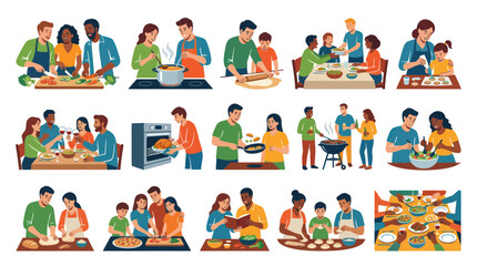 Fototapeta premium Flat Style Illustration: Diverse People Enjoying Home Cooking and Family Meals Together