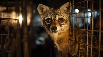 Fototapeta premium A fox trapped in a metal cage within a dark illegal wildlife market, eyes wide with fear, highlighting poaching and exotic animal trade horrors under dim lighting, elegantly showcasing animals.