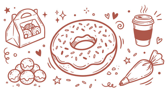 Hand drawn doodle set vector sweet sprinkled donut with takeaway pastry box donut holes coffee cup and piping bag