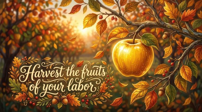 Golden Apple Harvest in Autumn Orchard with Inspirational Text "Harvest the fruits of your labor" and Falling Leaves