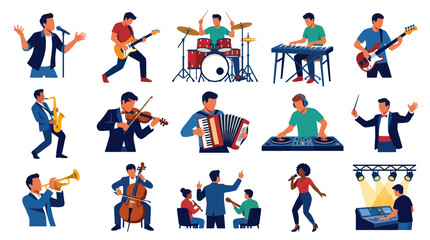 Fototapeta premium Music Performers Flat Vector Illustration Set: Diverse Musicians Playing Instruments, Singing Conducting