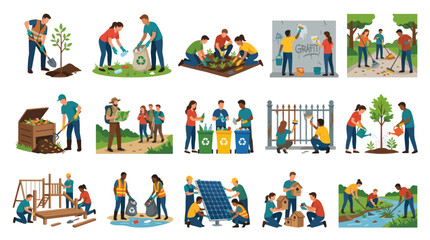 Fototapeta premium Flat Style Vector Icons: People Doing Community Service and Volunteering
