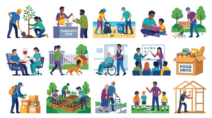 Fototapeta premium Diverse People Volunteering, Helping Community, Art Style Flat Design