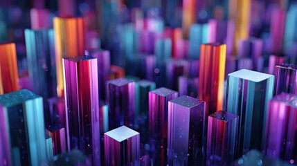 Fototapeta premium Abstract 3D Illustration of Glowing Translucent Crystal Pillars with Vibrant Purple and Orange Light for Modern Digital Backgrounds and Tech Concepts