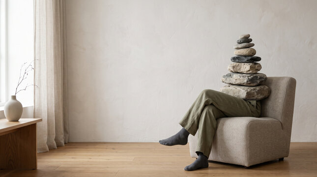 Person sitting with stone head. Surreal zen concept of balance and mental peace.