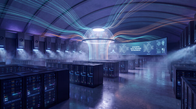 Futuristic Data Center With Glowing Light Trails And Synthetic Data Training Screen
