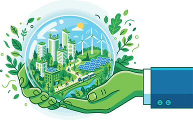 Fototapeta premium Eco-friendly sustainable city illustration with renewable energy, green transport, and environmental protection concept