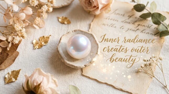 Elegant composition with a single pearl, vintage paper with inspirational quote, dried flowers, and golden leaves, soft natural light.