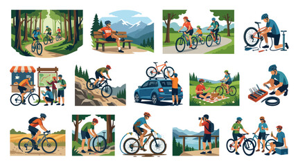 Fototapeta premium Flat Style Vector Graphics of People Cycling and Doing Bike Maintenance