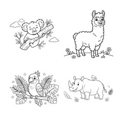 Obraz premium Animal Illustrations Koala Llama Parrot and Rhino in Line Art Style
