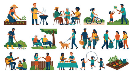 Fototapeta premium Diverse People Enjoying Outdoor Activities - Gardening, BBQ, Cycling, Sports, Family