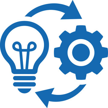 Innovation cycle icon with light bulb and gear connected by arrows representing ideas and implementation